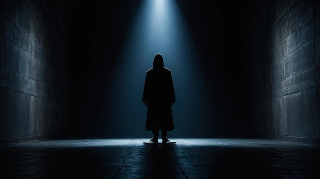 A mysterious silhouette of a figure standing in a void of darkness with a black background