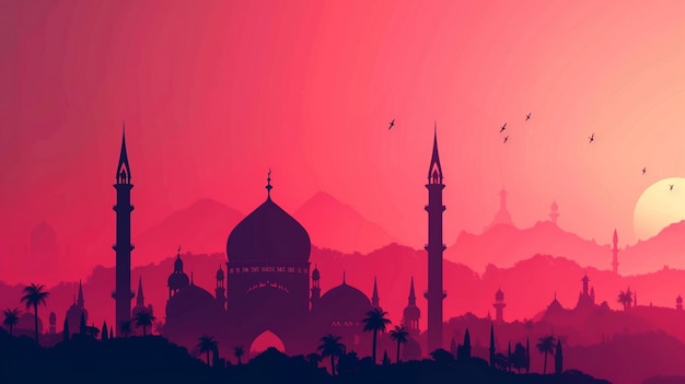 Таинственный силуэт мечети с светло-магентовым и светло-красно-красным фоном
