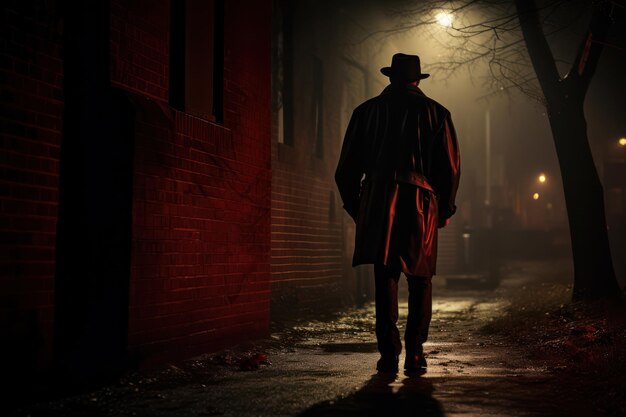 Mysterious Silhouette The Dark Mafia Man in Black Hat een angstaanjagend portret van angst en gevaar in Raincoat Alley