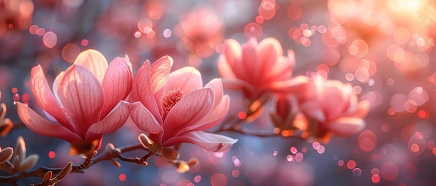 A mysterious spring floral background with blooming pink magnolias and bokeh