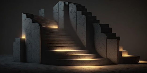 Mysterious Stone Stairs with Abstract Light Steps in the Darkness