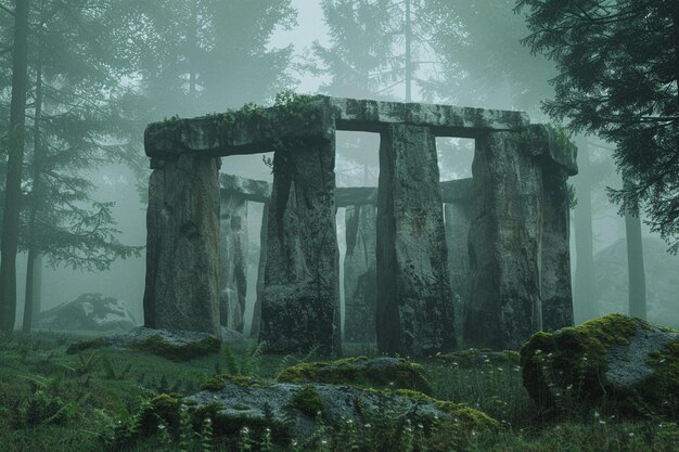 Mysterious stonehengelike structure in a misty enc