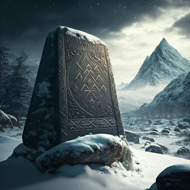 Mysterious symbols on an ancient monument in the snowy mountains