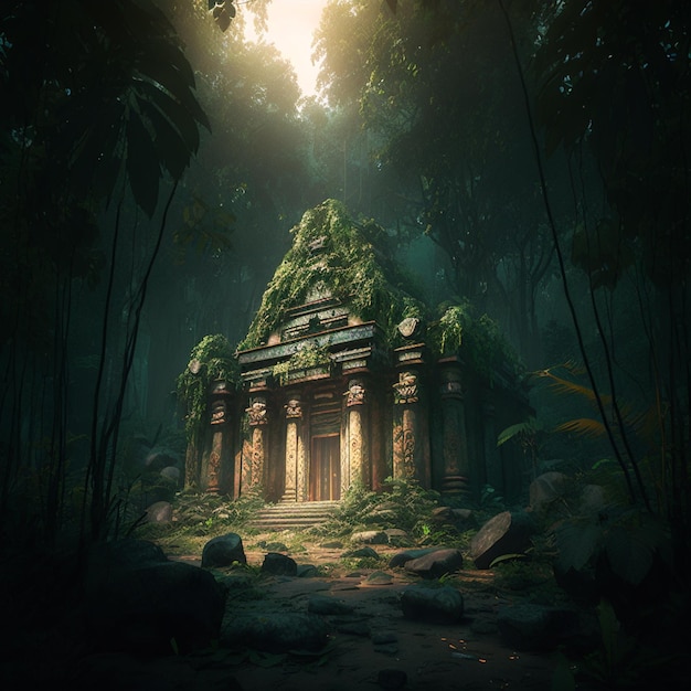 A mysterious temple in a jungle with moss on the roof