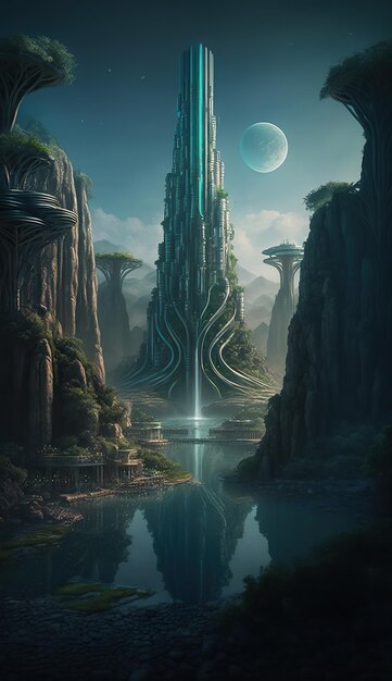 A mysterious tower in the center of an elven city on a plain in Waterfalls Fantasy