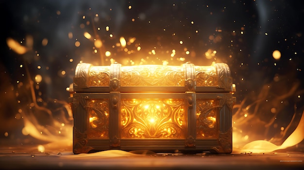 Photo a mysterious treasure box with glow shining in gold