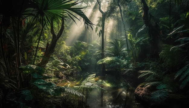 Фото Таинственный тропический тропический лес темный и туманный пейзаж красоты, созданный искусственным интеллектом