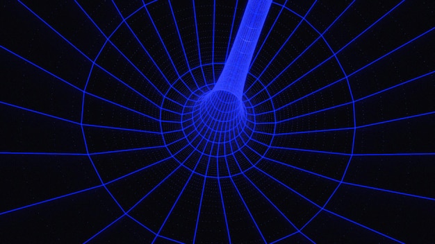 トンネルと通路の青い 3D ネットワークで作られたメッシュ構造の神秘的なトンネル ベクトル内の仮想世界アーキテクチャのワームホール