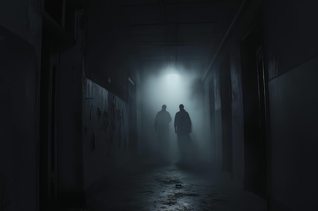 暗く照らされた廊下を歩く謎の2人のシルエット影の人物