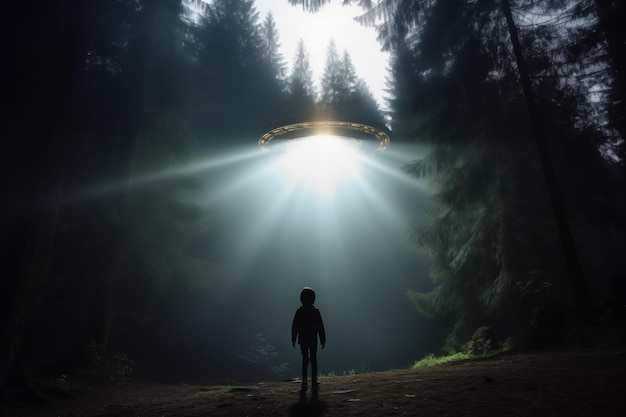 写真 密集した森の子供の謎のufo誘拐 中央の誘拐シーン