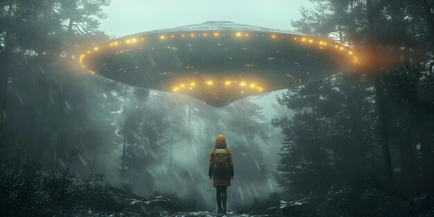 사진 밤에 안개 숲에서 공포스러운 괴물 위에 떠다니는 신비로운 ufo 디지털 d 렌더링 개념 ufo 괴물 공포스런 숲 밤