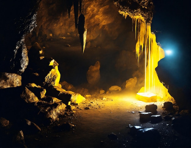 사진 반이는 크리스탈과 강의 어두운 지하 풍경이 있는 신비한 지하 동굴