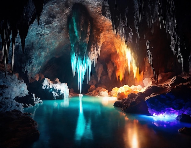 Mysterious underground cave with glowing crystals and river dark underground landscape