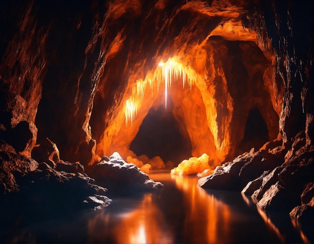 Mysterious underground cave with glowing crystals and river dark underground landscape