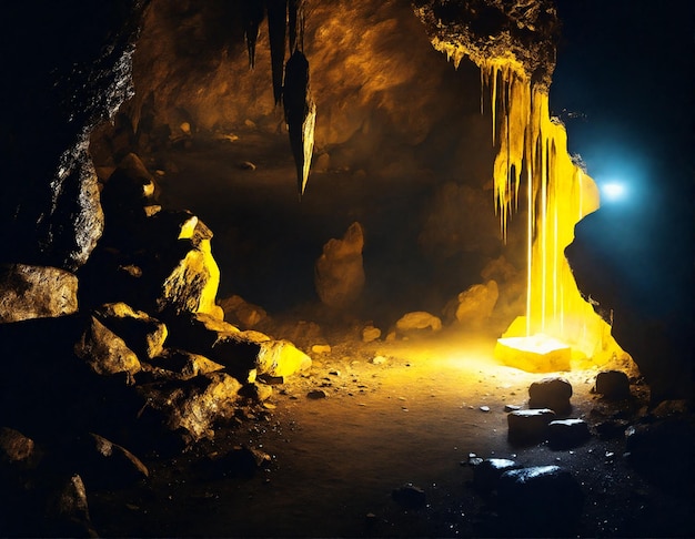 Photo mysterious underground cave with glowing crystals and river dark underground landscape