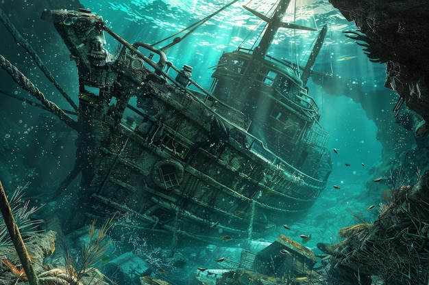 mysterious underwater shipwreck scene with marine life and vibrant coral creating an enchanting underwater exploration atmosphere