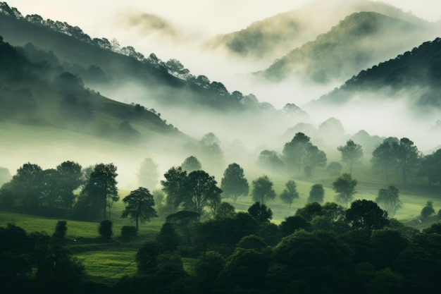 Photo mysterious veil a captivating view of mistladen green hills ar 32