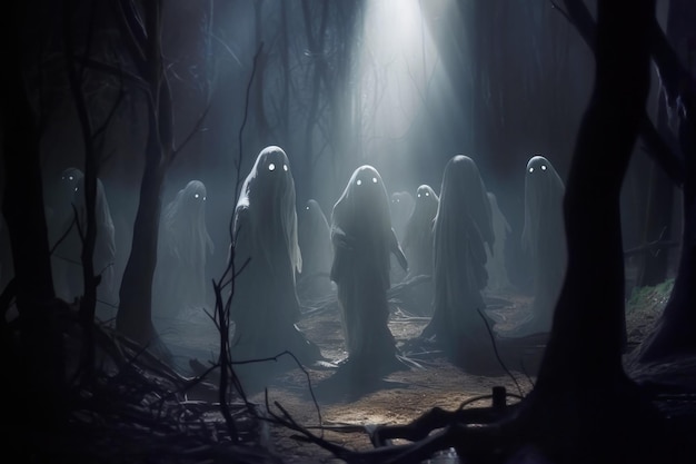 Mysterious veiled apparitions floating amidst haunted woodland at nigh generative AI