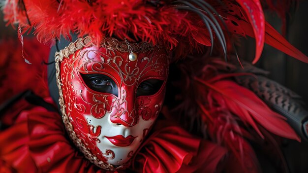 Mysterious venetian masquerade mask in vivid red intricate carnival design enigmatic look concealed by ornate mask festive costume cultural event representation AI