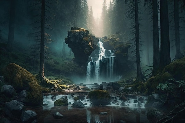 A mysterious waterfall in a forest with mist rising and creating a magical atmosphere