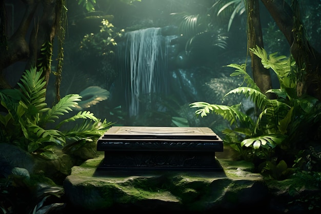 A mysterious waterfall surrounded by lush greenery in the heart of the jungle