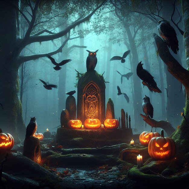 a mysterious where owls bats and crows gather around an ancient glowing pumpkin