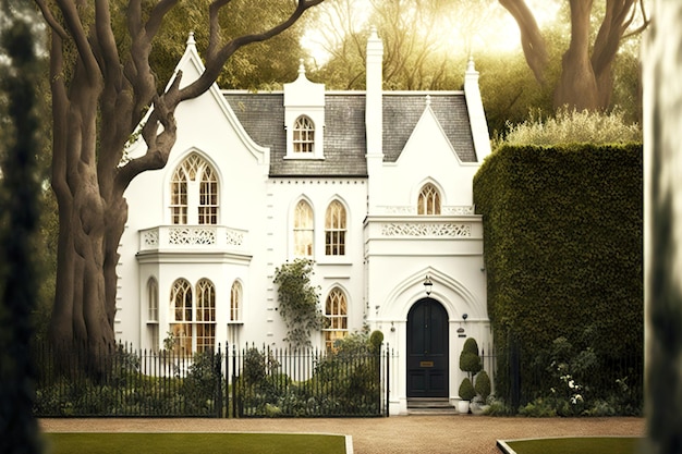 Mysterious white house in london with garden english style house exterior