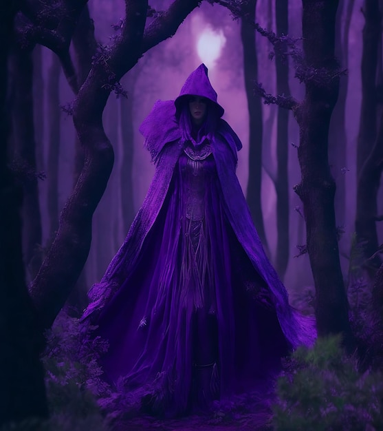A mysterious witch cloaked in purple chaos AI generated
