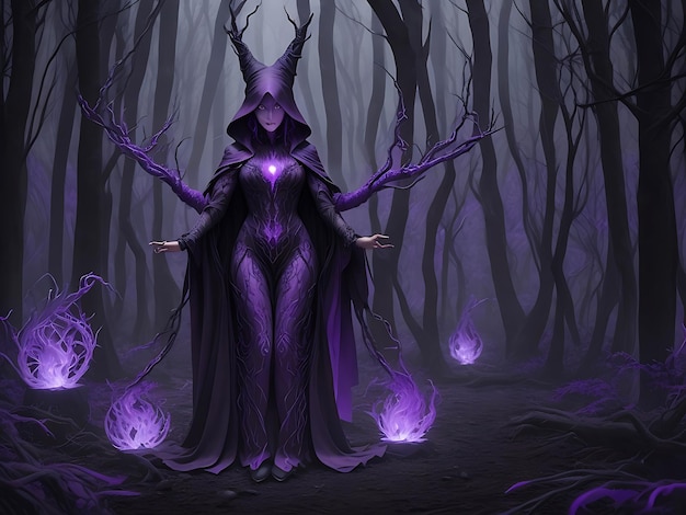 A mysterious witch cloaked in purple chaos standing in a dark forest generative AI