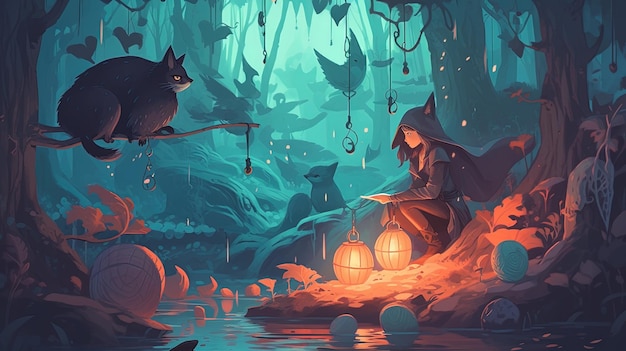 A mysterious witch and her familiar black cat brewing potions in a hidden forest grove Fantasy concept Illustration painting Generative AI