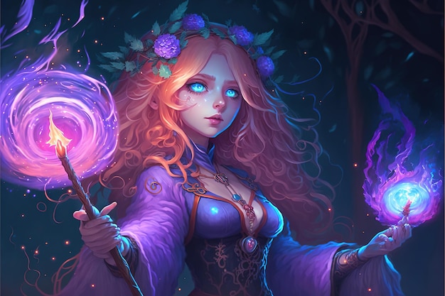 Mysterious witch with wand in hands Witch girl cast spells with magic power Digital art style illustration painting