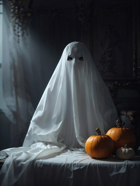 Photo mysterious woman covered by translucent white cloth like halloween ghost in dark room