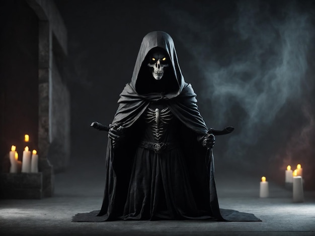 Таинственная женщина в костюме смерти сидит в темной комнате со свечами Генеративный ИИ