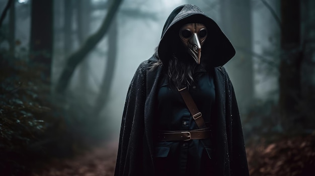野生動物のマスクをかぶった謎の女性が神秘的な霧の森を徘徊する