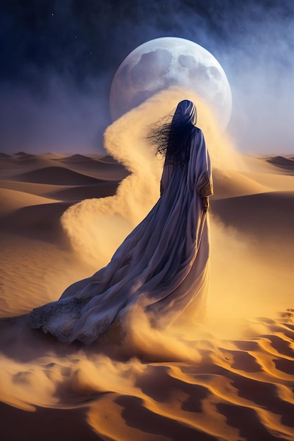 보름달에 사막 풍경에 서있는 신비한 여자