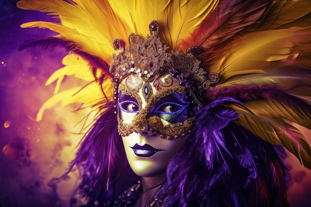 Mysterious woman wearing a colorful Mardi Gras mask with feather and bead embellishments against