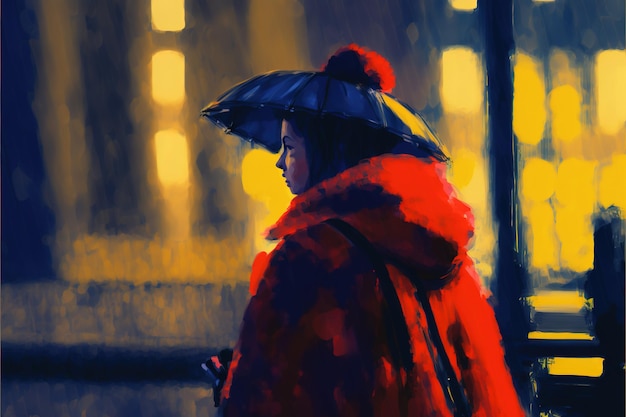 Mysterious woman with umbrella at rainy night digital art style illustration painting fantasy concept of a mysterious woman with umbrella