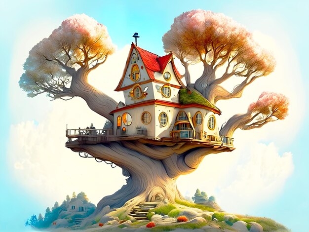 Mysterious wooden house on a tree background AI generated