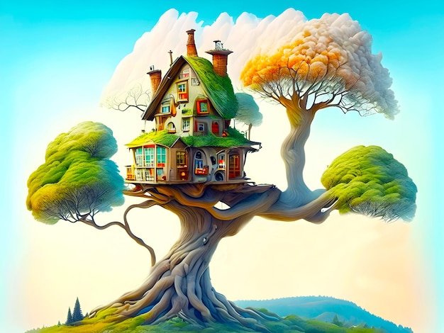 Mysterious wooden house on a tree background AI generated