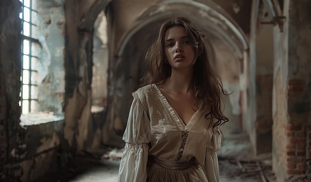 廃墟の中のヴィンテージドレスを着た謎の若い女性