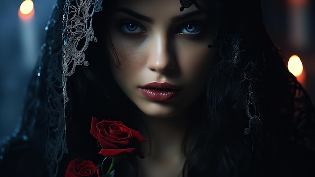 A mysteriously pretty woman wearing a gothic outfit like a medieval vampire with hood holds a rose Generative AI