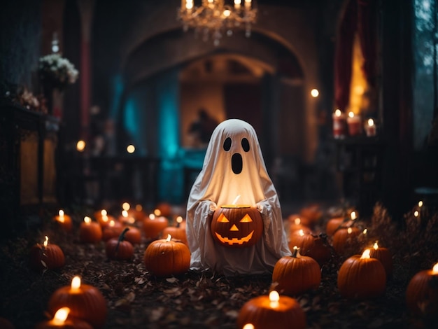 Mystery cute ghost with Halloween background