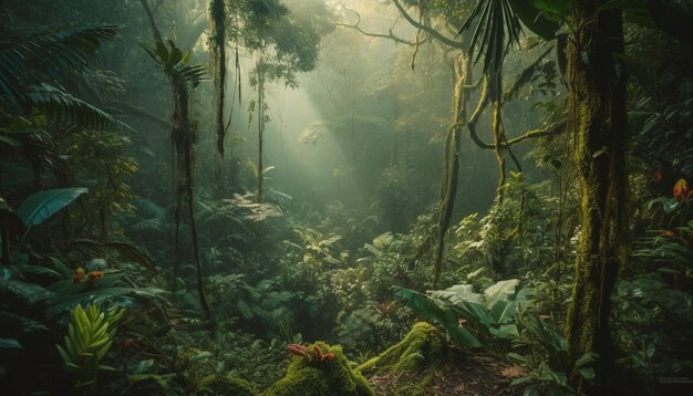 Mystery fog surrounds tranquil scene in spooky forest generated by AI