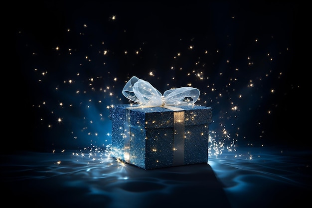 Загадочная подарочная коробка со светящимися блестками на темном фоне Генеративный AI