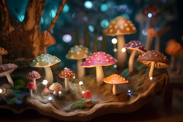 Mystery glowing mushrooms in the magical forest Fairytale background Generated AI