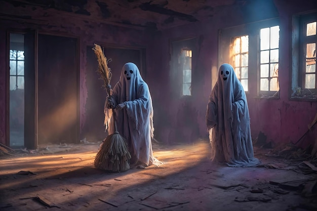 Mystery magische Halloween concept Ghost bedekt met een witte spook laken op het dak in een verlaten huis Kopieer ruimte