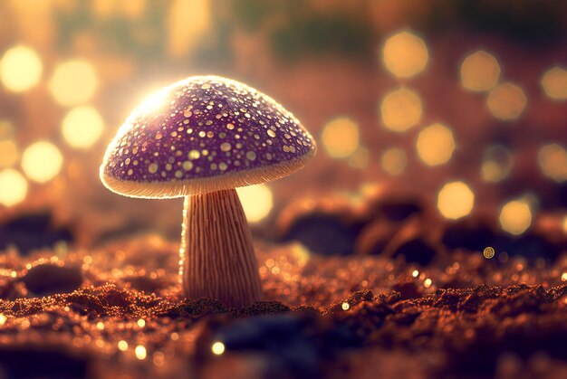 Photo mystery mushroom on the bump fairytale background with mystic mushroom generated ai