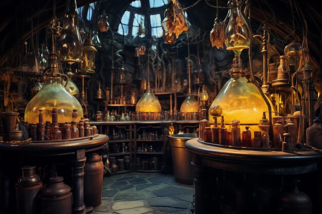 Photo mystery potion laboratory filled with bubbling cauldrons generative ai