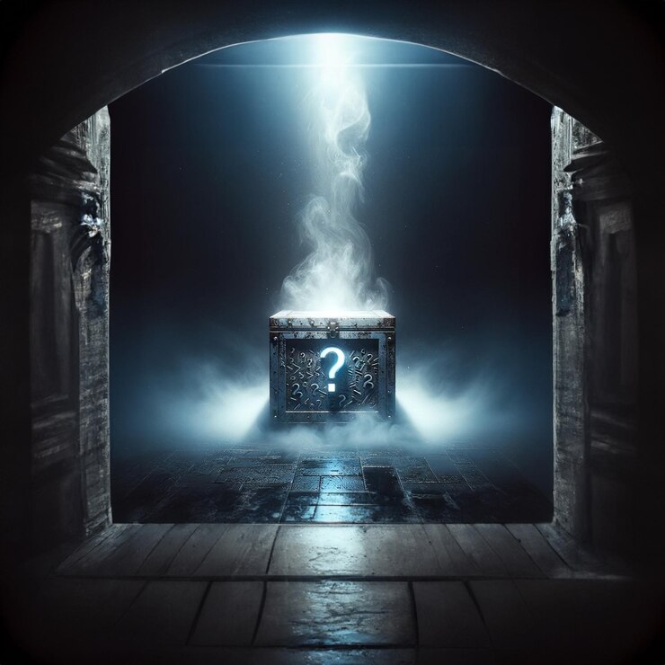 Photo mystery room with a box with question marks blue