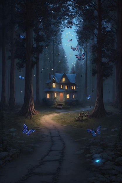 마법의 숲 동화 배경 생성된 AI에서 어둠 속에서 빛나는 미스터리 작은 집